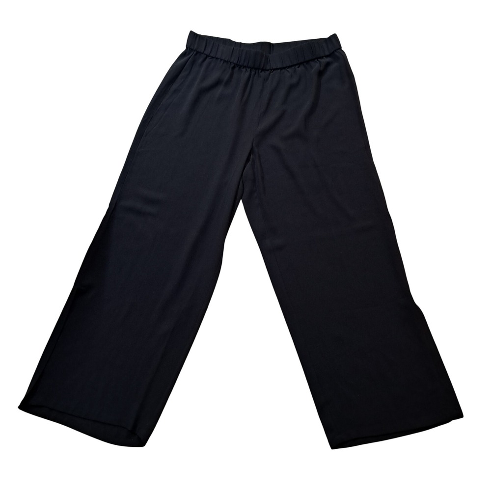 Eileen Fisher Pants Womens Large Black Silk Georgette Wide Leg Cropped Pull On